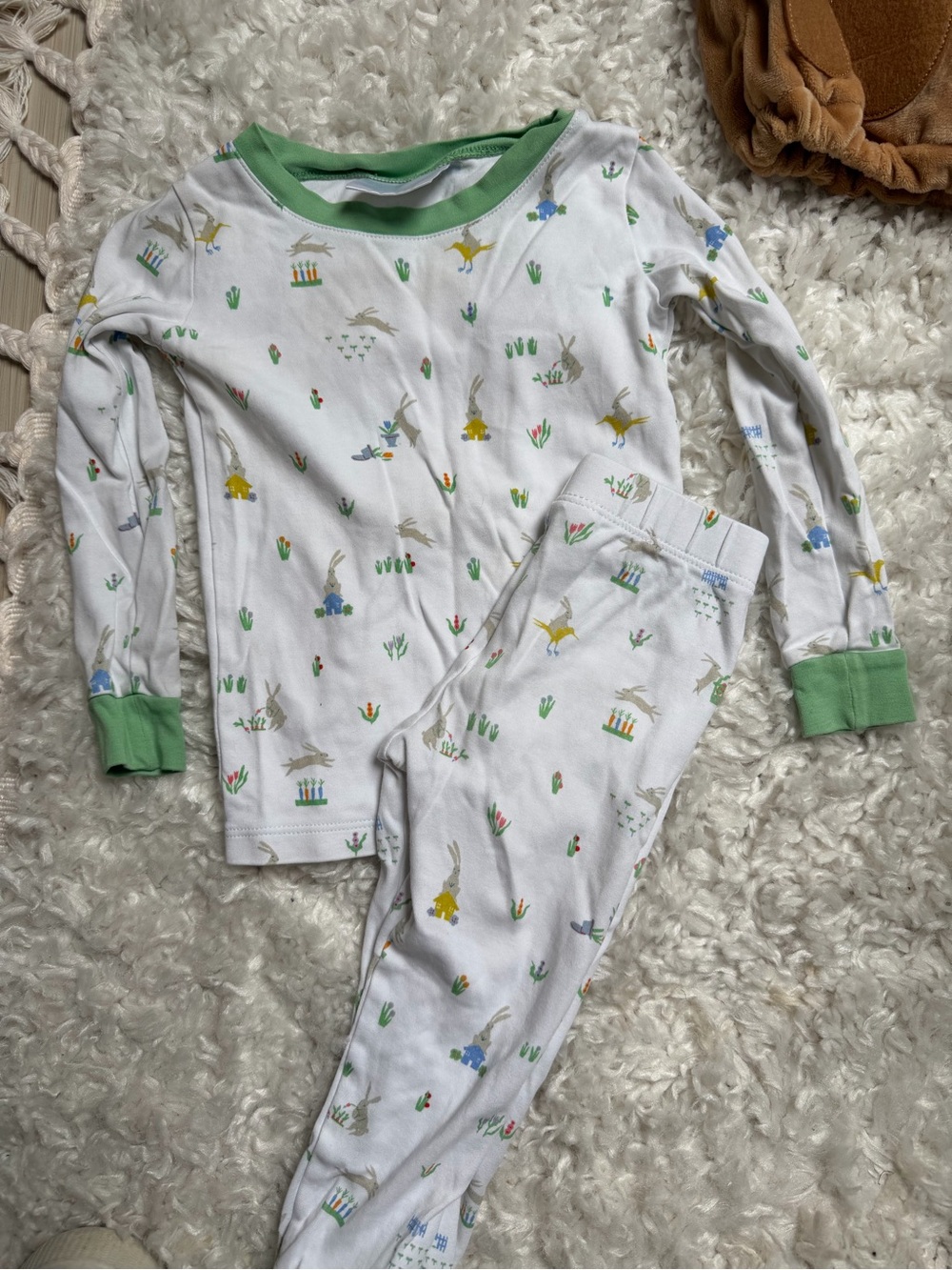 Children's White Bunny & Green Trim Pajama Set